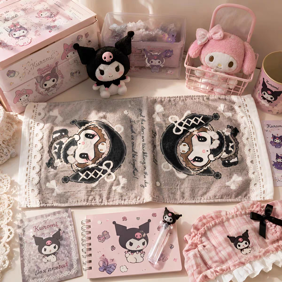 Vosges Sanrio Character Cotton Towel, Kuromi, Cinnamoroll, My Melody & Pompompurin Prints, Absorbent Antibacterial Face Towel for Students, Dorm & Bathroom