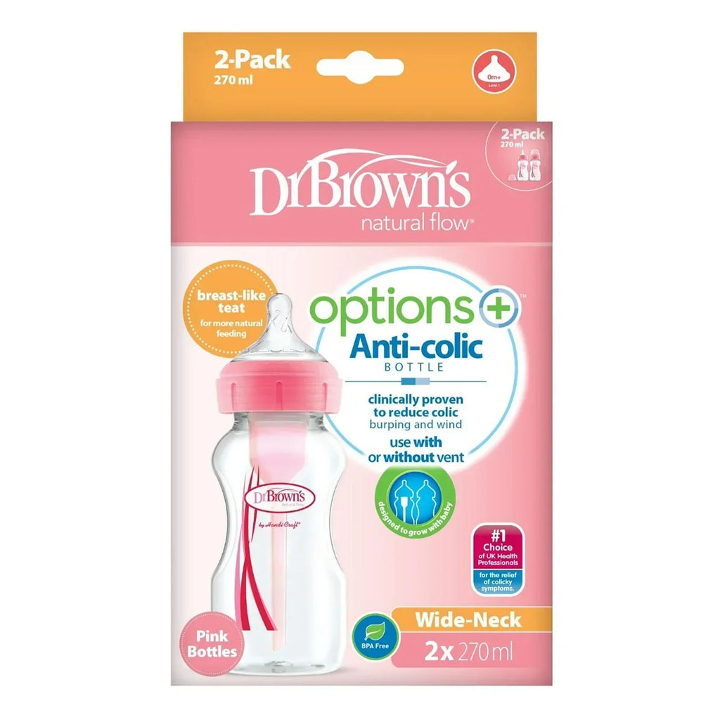Dr. Brown's Options+ Anti-Colic Baby Bottle Wide Neck Pink 270ml Pack of 2