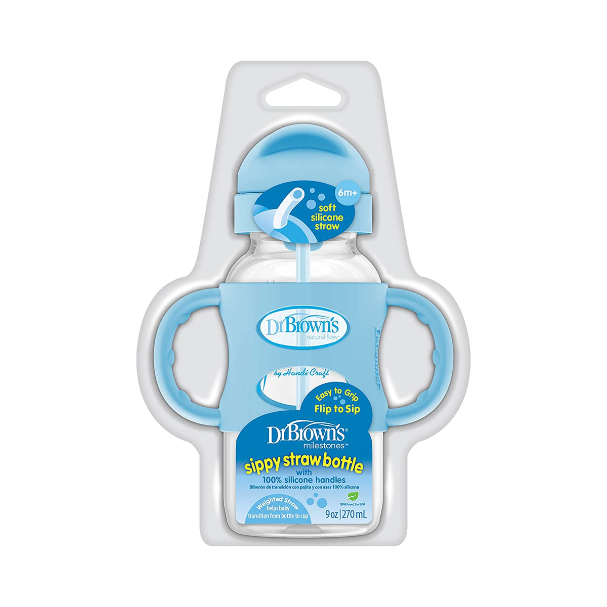 Dr. Brown’s Milestones Wide-Neck Sippy Straw Bottle with Silicone Handles, 9oz, Blue, 1 Pack, 6m+
